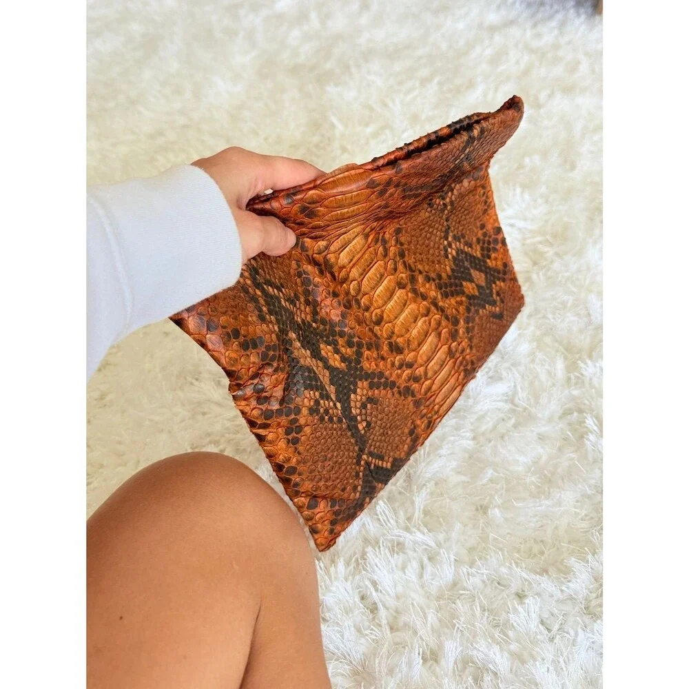 100% GENUINE SNAKE SKIN PYTHON LEATHER ORANGE ENVELOPE CLUTCH BRAZIL INDONESIA